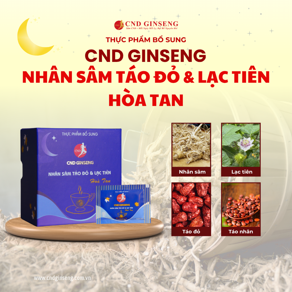 Thực phẩm bổ sung Nhân Sâm Táo Đỏ và Lạc tiên hoà tan CND GINSENG Hộp 20 gói ( kèm túi )