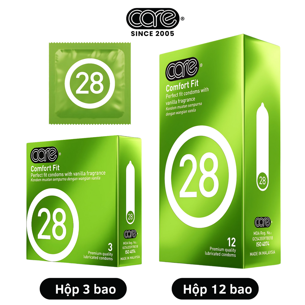 Bao cao su CARE 28 trơn mỏng truyền thống - hương vani (hộp 3 bcs)