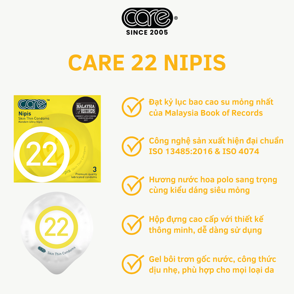 Bao cao su CARE 22 cao su tự nhiên siêu mỏng - hương nước hoa (hộp 3 bcs)