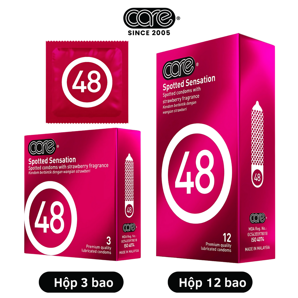 Bao cao su CARE 48 có gai - hương dâu (hộp 3 bcs)