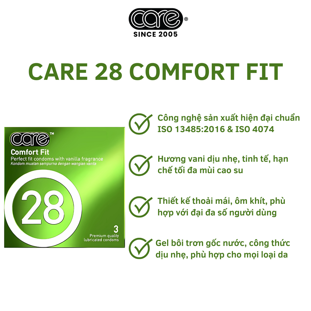 Bao cao su CARE 28 trơn mỏng truyền thống - hương vani (hộp 3 bcs)