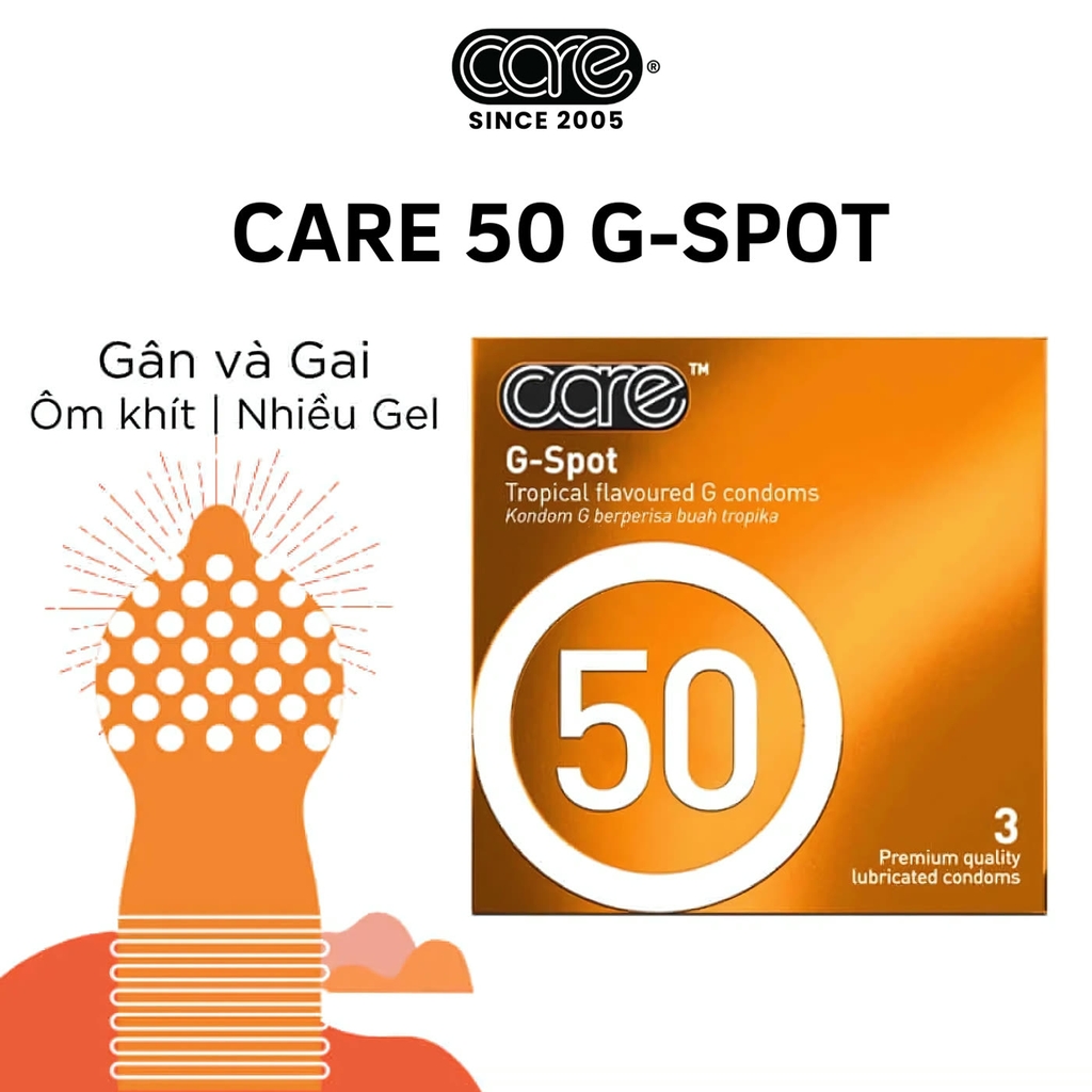 Bao cao su CARE 50 gân gai - hương rừng nhiệt đới (hộp 3 bcs)