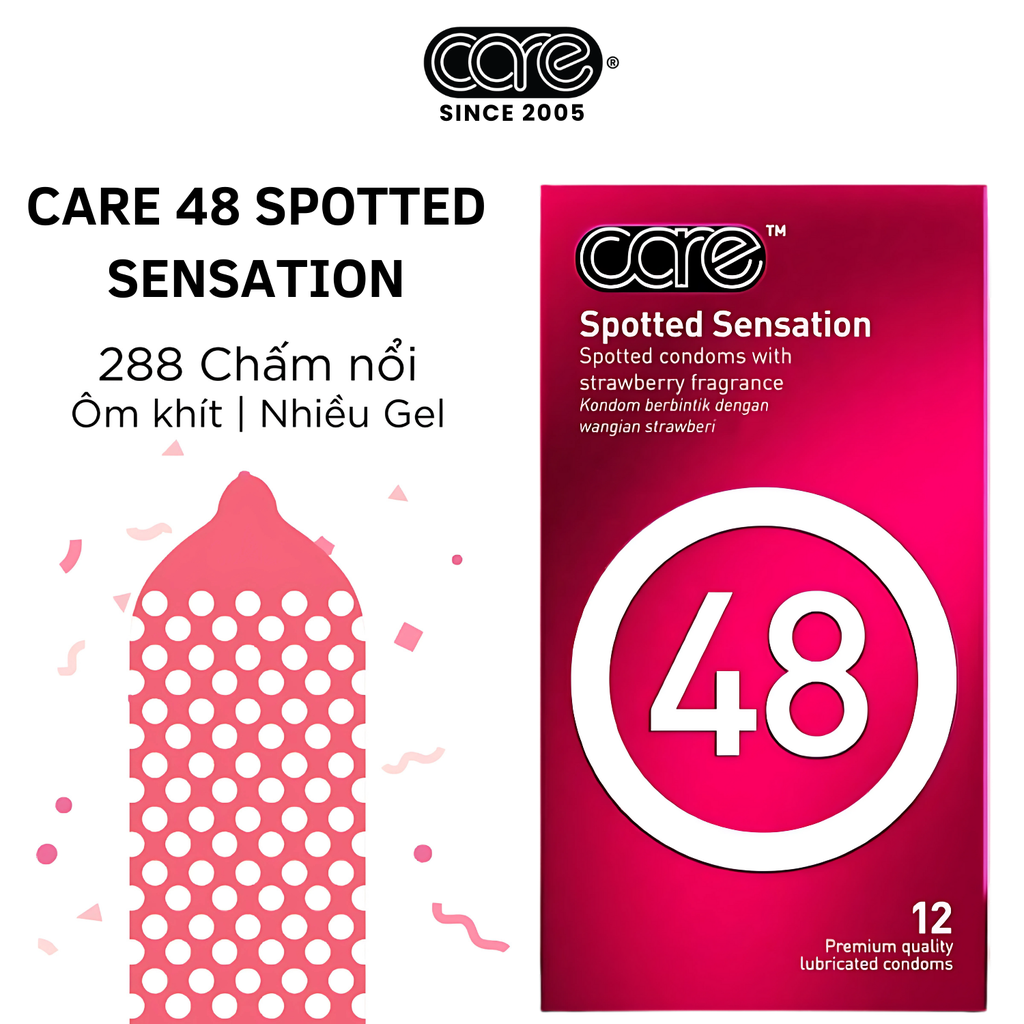 Bao cao su CARE 48 có gai - hương dâu (hộp 12 bcs)