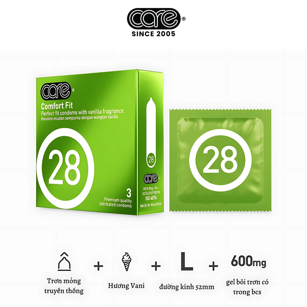 Bao cao su CARE 28 trơn mỏng truyền thống - hương vani (hộp 12 bcs)