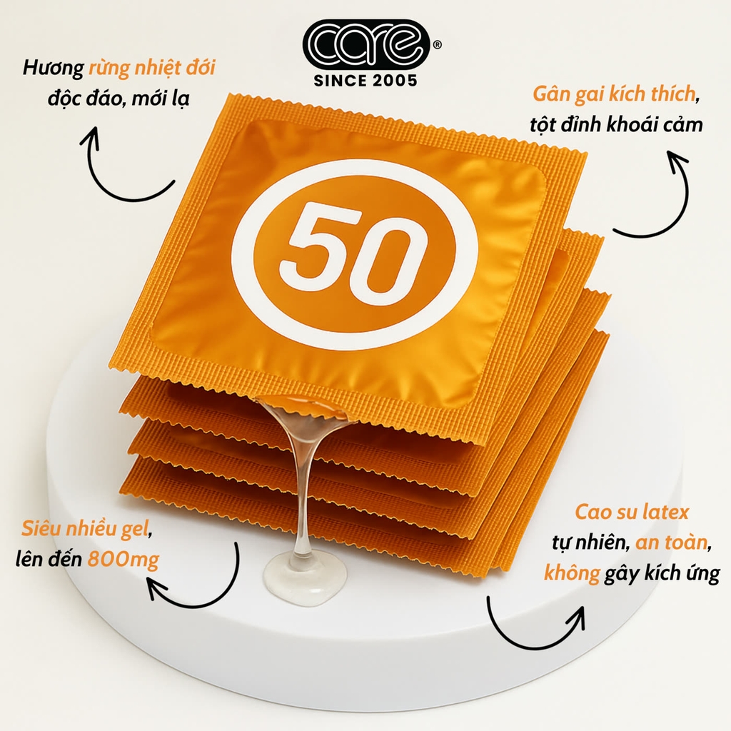 Bao cao su CARE 50 gân gai - hương rừng nhiệt đới (hộp 3 bcs)
