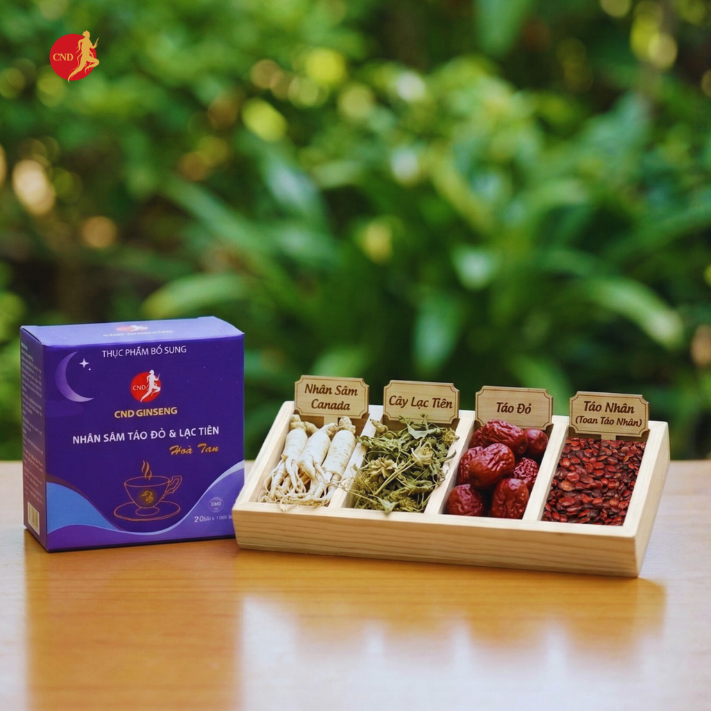 Thực phẩm bổ sung Nhân Sâm Táo Đỏ và Lạc tiên hoà tan CND GINSENG Hộp 20 gói ( kèm túi )