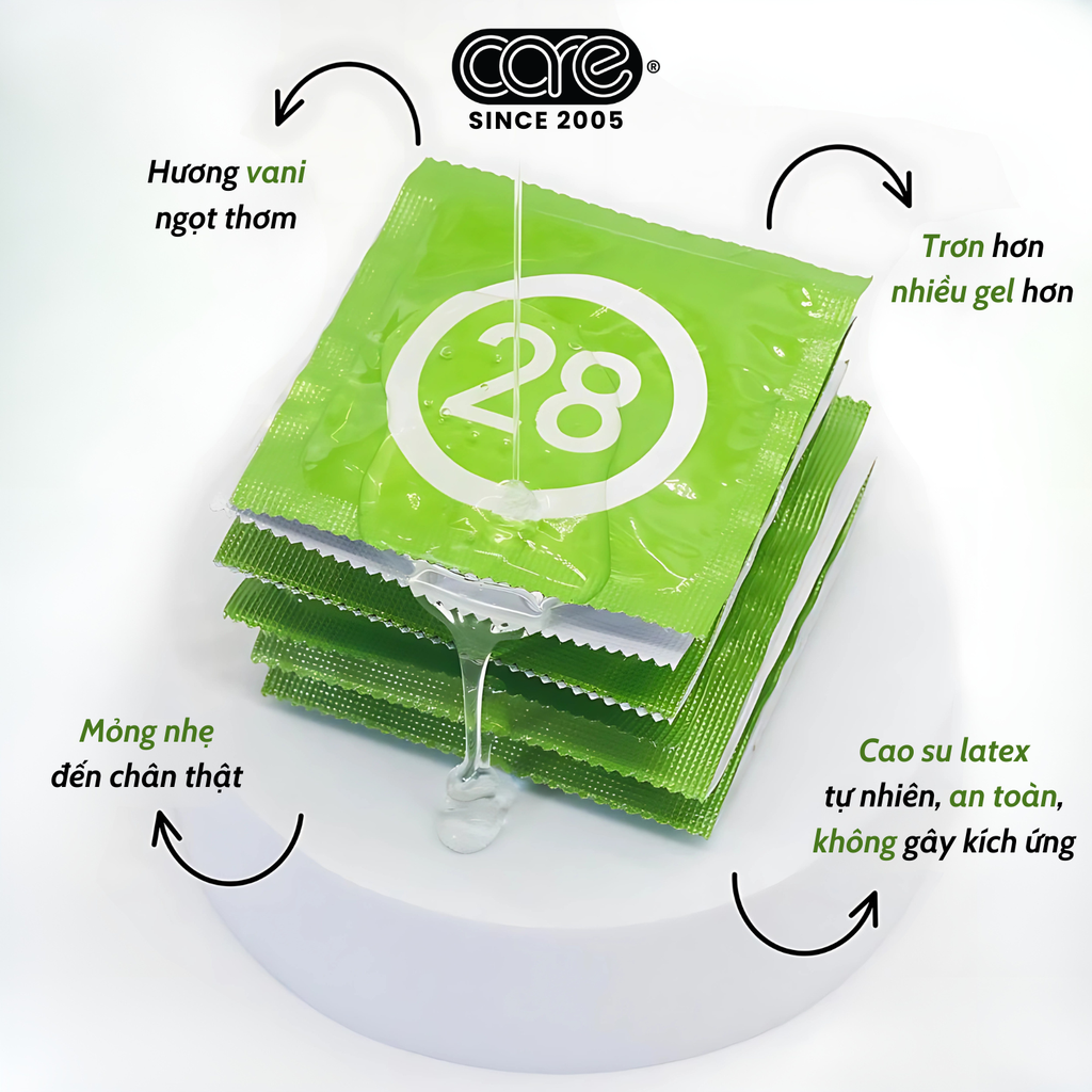 Bao cao su CARE 28 trơn mỏng truyền thống - hương vani (hộp 3 bcs)