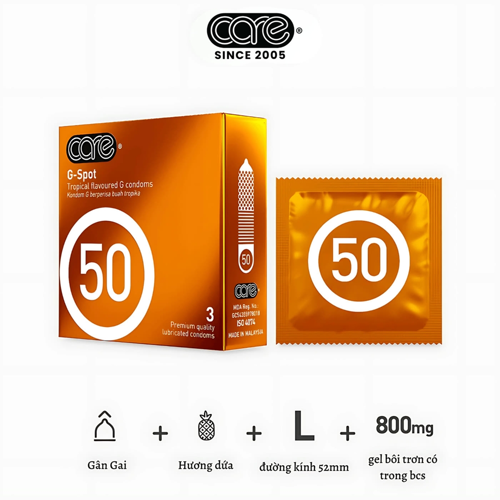 Bao cao su CARE 50 gân gai - hương rừng nhiệt đới (hộp 3 bcs)
