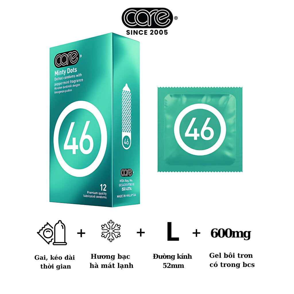 Bao cao su kéo dài thời gian CARE 46 có gai - hương bạc hà (hộp 12 bcs)