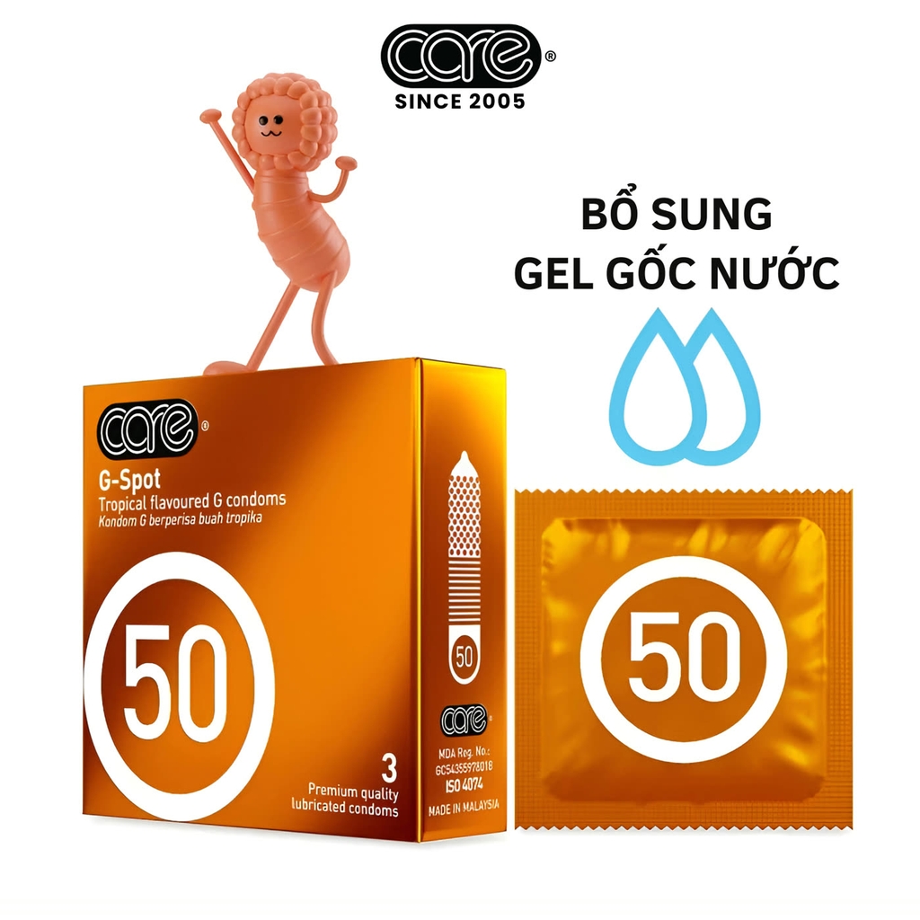 Bao cao su CARE 50 gân gai - hương rừng nhiệt đới (hộp 3 bcs)