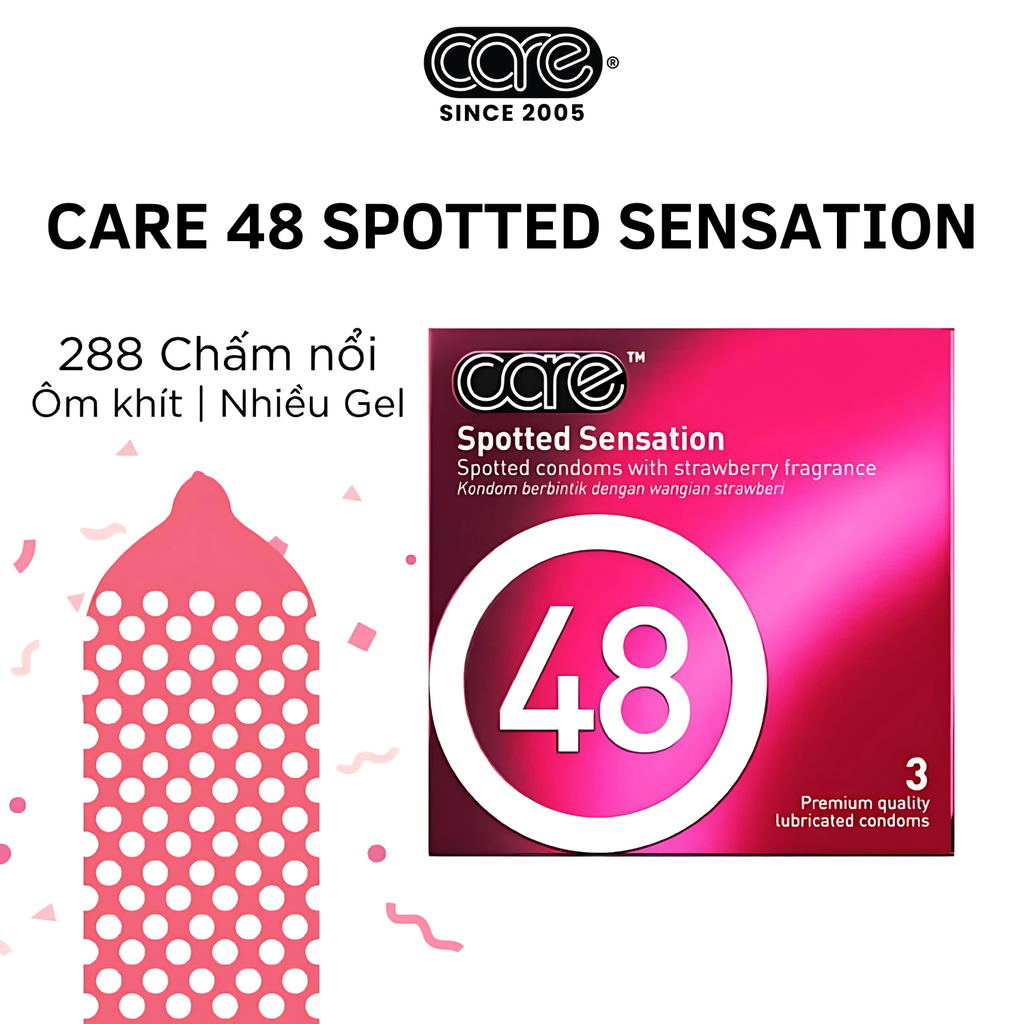 Bao cao su CARE 48 có gai - hương dâu (hộp 3 bcs)