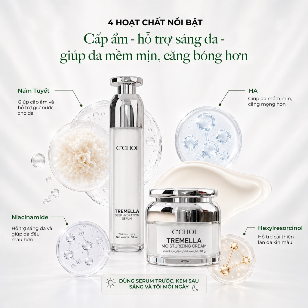 Combo dưỡng ẩm, sáng da, chống nhăn da, hỗ trợ làm mờ các dấu hiệu lão hóa da C'Choi