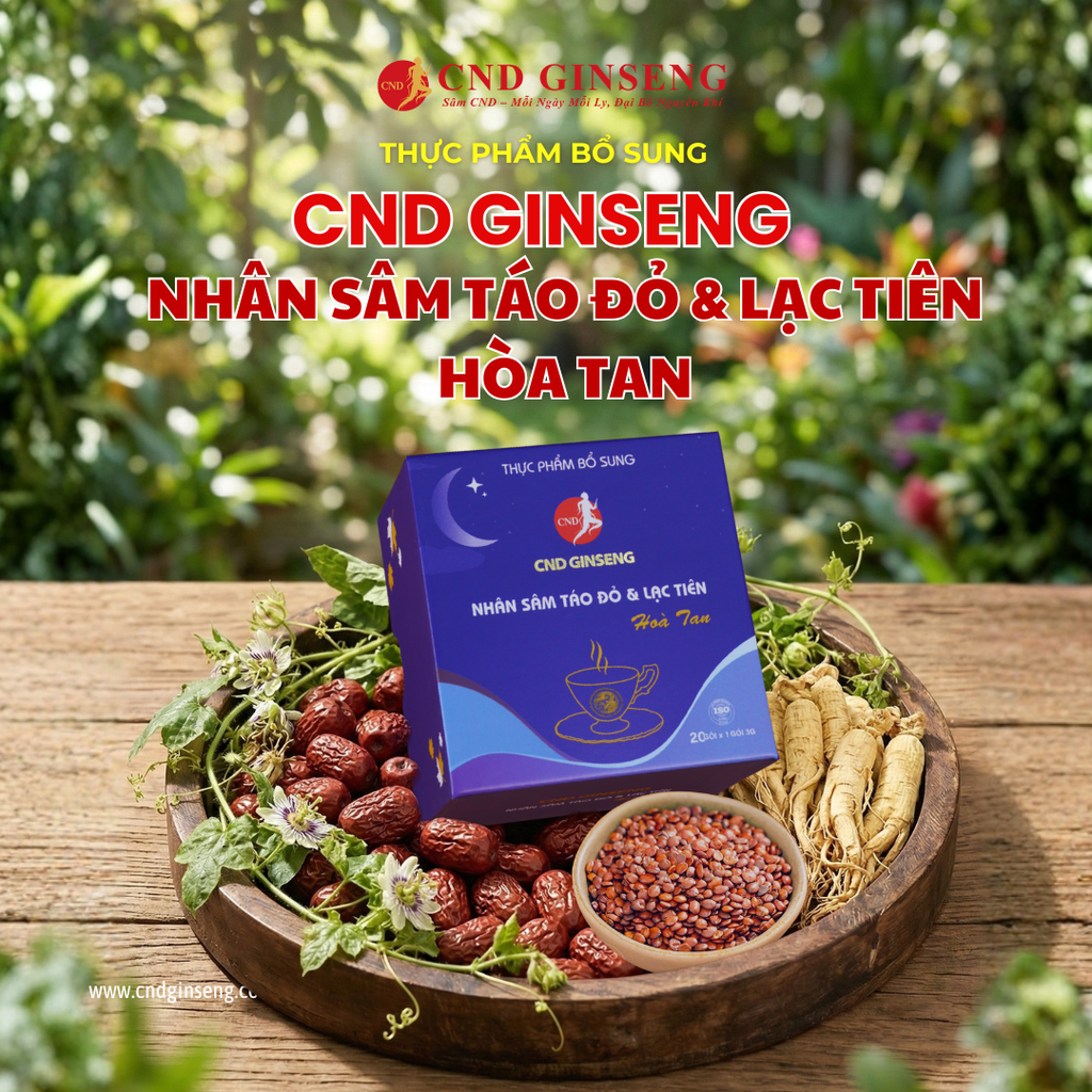 Thực phẩm bổ sung Nhân Sâm Táo Đỏ và Lạc tiên hoà tan CND GINSENG Hộp 20 gói ( kèm túi )