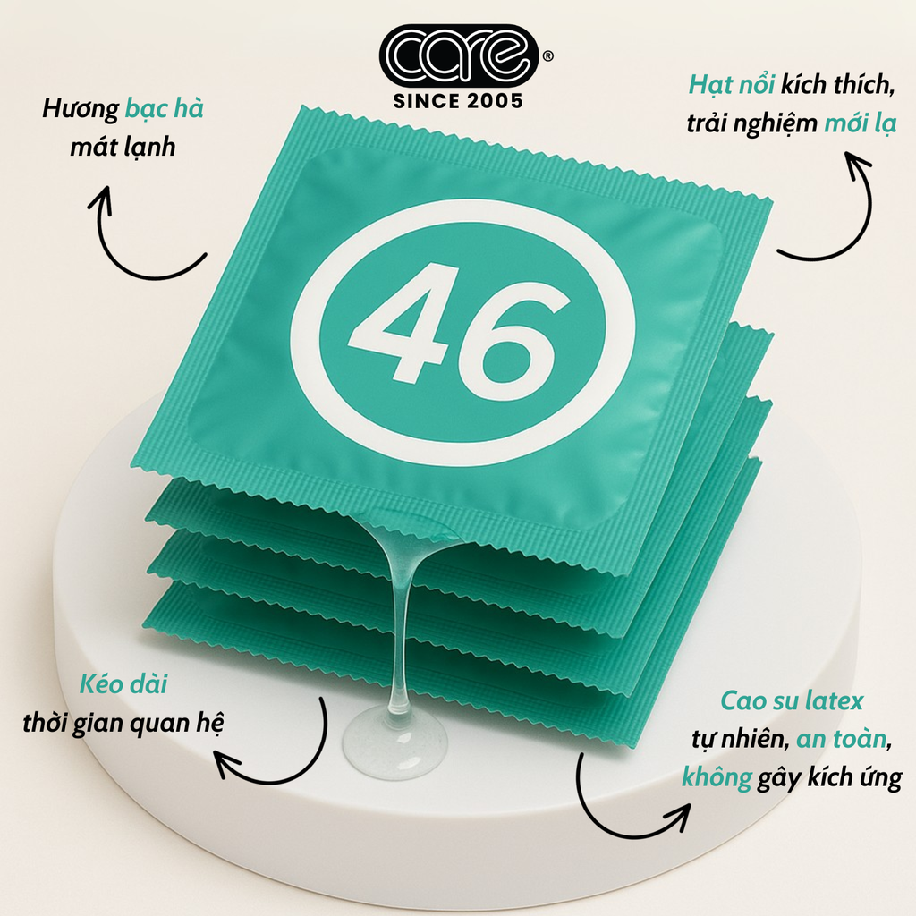 Bao cao su kéo dài thời gian CARE 46 có gai - hương bạc hà (hộp 12 bcs)