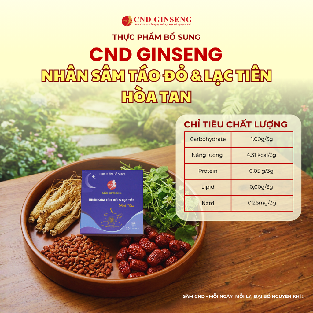Thực phẩm bổ sung Nhân Sâm Táo Đỏ và Lạc tiên hoà tan CND GINSENG Hộp 20 gói ( kèm túi )