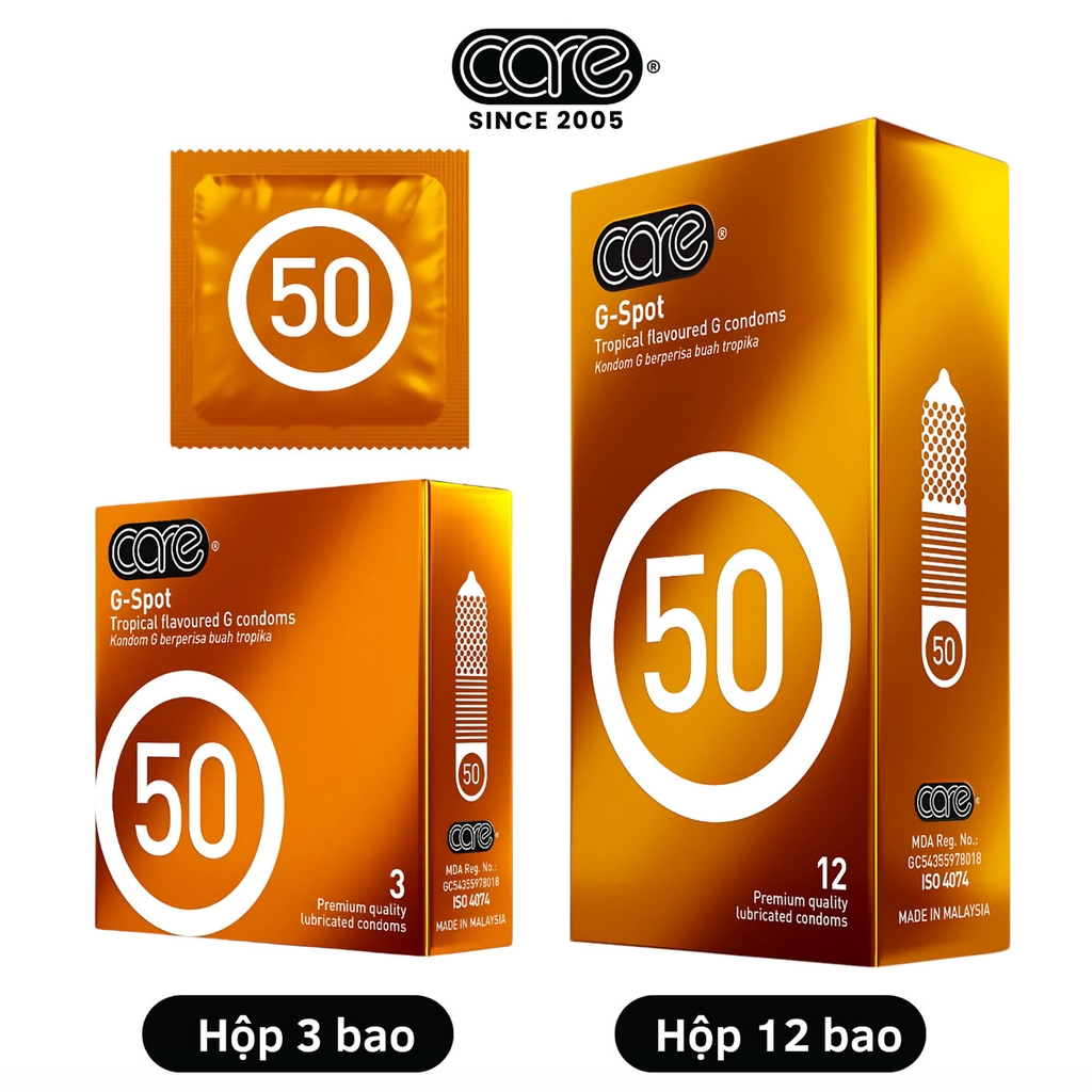 Bao cao su CARE 50 gân gai - hương rừng nhiệt đới (hộp 3 bcs)