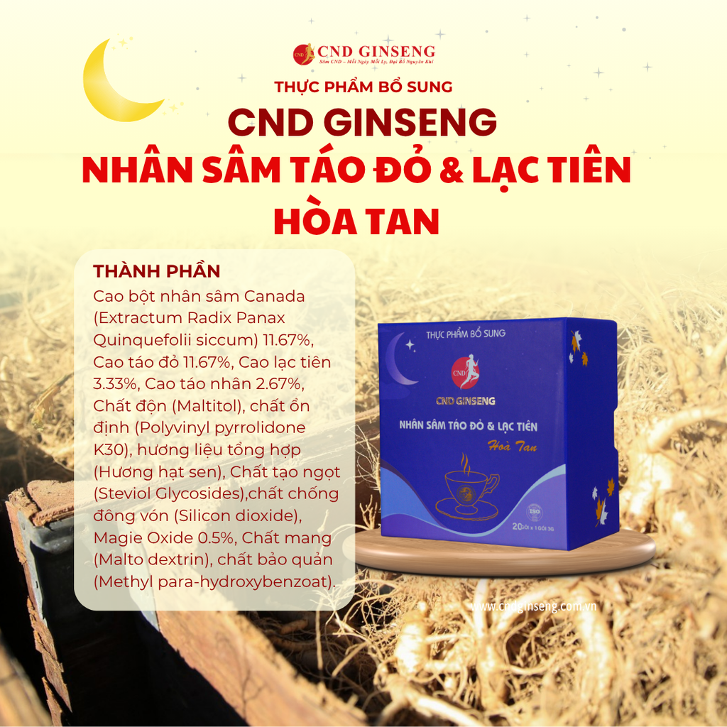Thực phẩm bổ sung Nhân Sâm Táo Đỏ và Lạc tiên hoà tan CND GINSENG Hộp 20 gói ( kèm túi )
