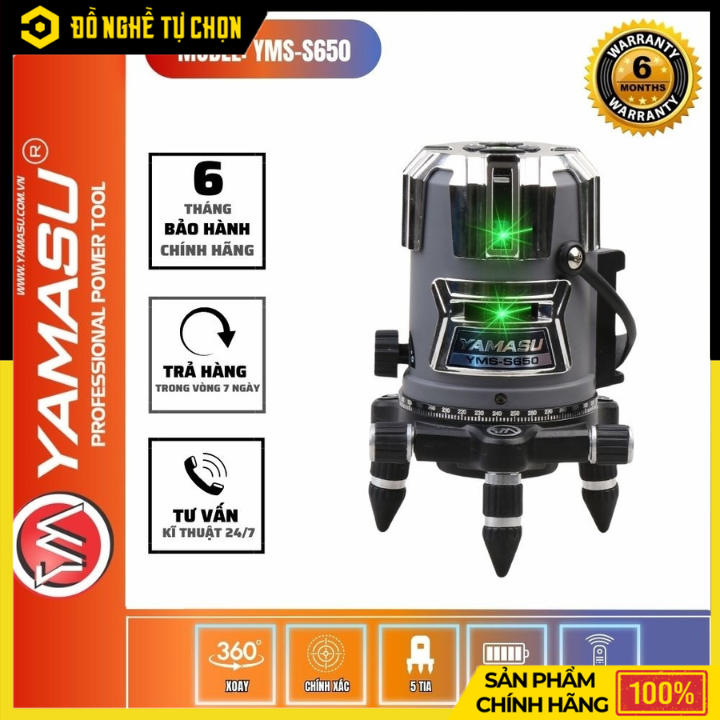 Máy Cân Mực Laser 5 Tia Xanh Yamasu – LED Siêu Sáng – Đế Vòng Bi Chống Rơ – Điều Khiển Từ Xa – Full Phụ Kiện – Hàng Chính Hãng Có VAT