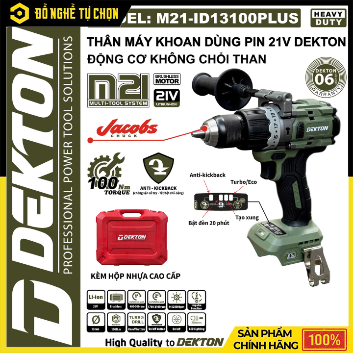 Máy khoan cầm tay hoạt động bằng pin hiệu DEKTON; 21V; Model: M21-ID13100PLUS