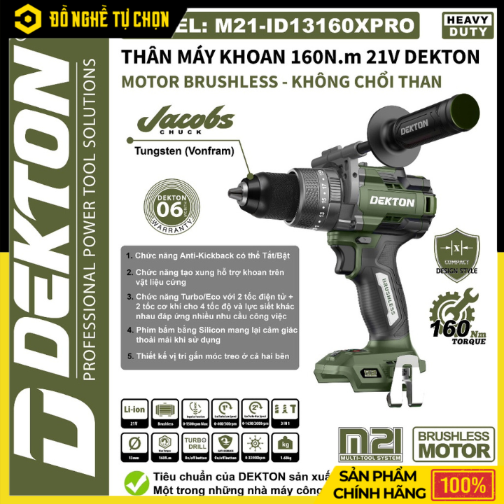 [THÂN] Máy Khoan Động Lực Pin 21V Dekton M21-ID13160PRO – Lực Vặn 160Nm, 2 Chế Độ Eco/Turbo, 3 Chức Năng Đa Dụng – Hàng Chính Hãng, Có VAT