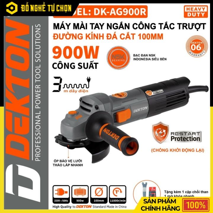 Máy Mài Tay Ngắn Dekton DK-AG900R – Công Tắc Trượt – 900W – Lưỡi 100mm – Chống Rung – Hàng Chính Hãng Có VAT