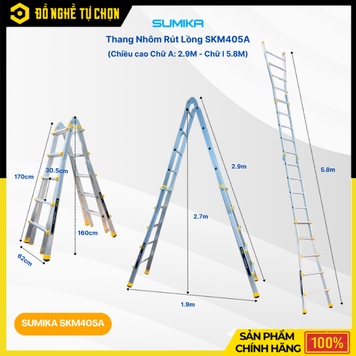 Thang Nhôm Rút Lồng Chữ A SUMIKA SKM405A 2.9m – Hàng Chính Hãng, Có VAT