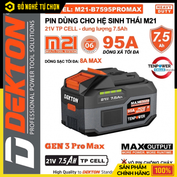 Pin Dekton 21V 7.5Ah M21-B7595PROMAX – Dòng Xả 95A Siêu Mạnh, Dùng Lâu Gấp 3 Lần – Hàng Chính Hãng, Có VAT