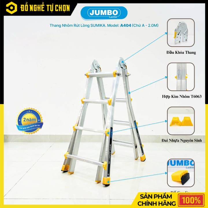 Thang Nhôm Trượt Chữ A Jumbo A404 – An Toàn, Đa Năng, Dễ Điều Chỉnh Chiều Cao – Hàng Chính Hãng, Có VAT