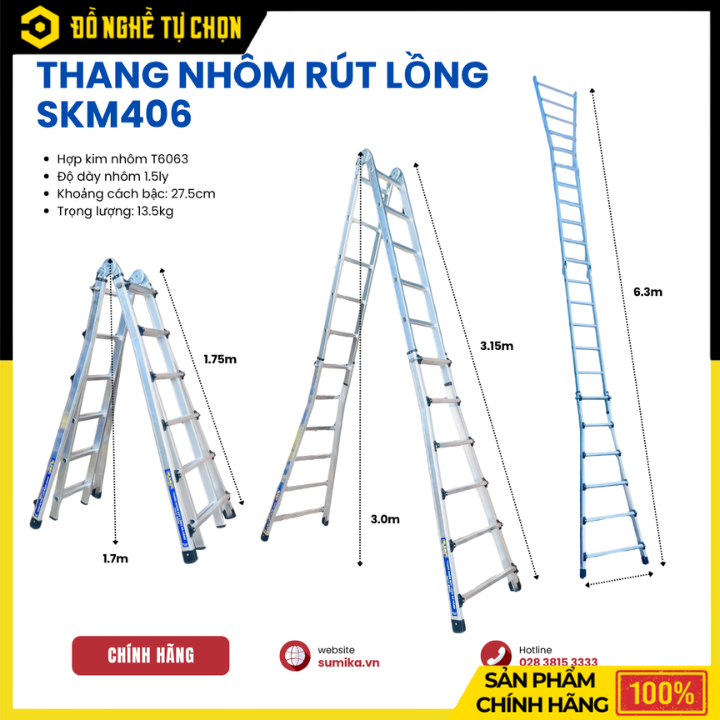 Thang Nhôm Rút Lồng SUMIKA SKM406 – Chữ A Cao 3.15m | Chữ I Cao 6.3m | Tải Trọng 300kg - Hàng Chính Hãng Có VAT