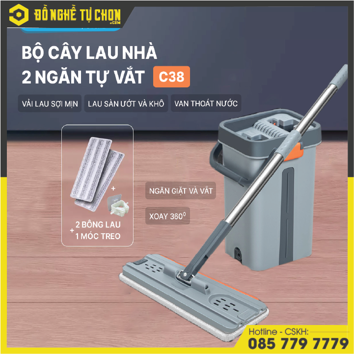 Bộ cây lau nhà SUMIKA C38, thùng lau nhà 2 ngăn tự vắt