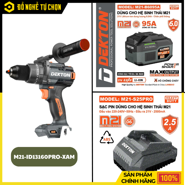 [THÂN] Máy Khoan Động Lực Pin 21V Dekton M21-ID13160PRO – Lực Vặn 160Nm, 2 Chế Độ Eco/Turbo, 3 Chức Năng Đa Dụng – Hàng Chính Hãng, Có VAT