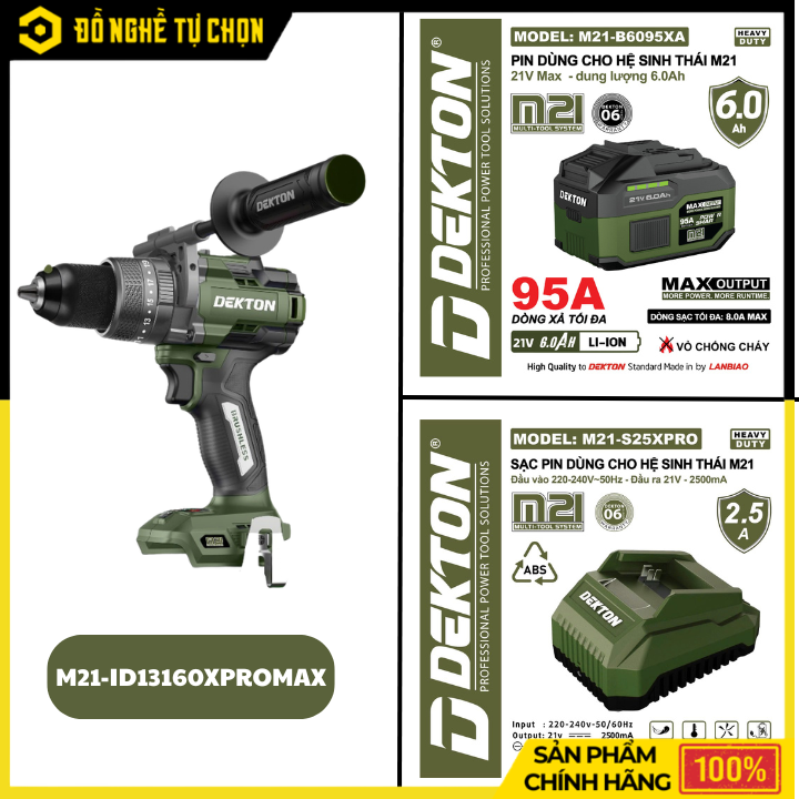 [THÂN] Máy Khoan Động Lực Pin 21V Dekton M21-ID13160PRO – Lực Vặn 160Nm, 2 Chế Độ Eco/Turbo, 3 Chức Năng Đa Dụng – Hàng Chính Hãng, Có VAT