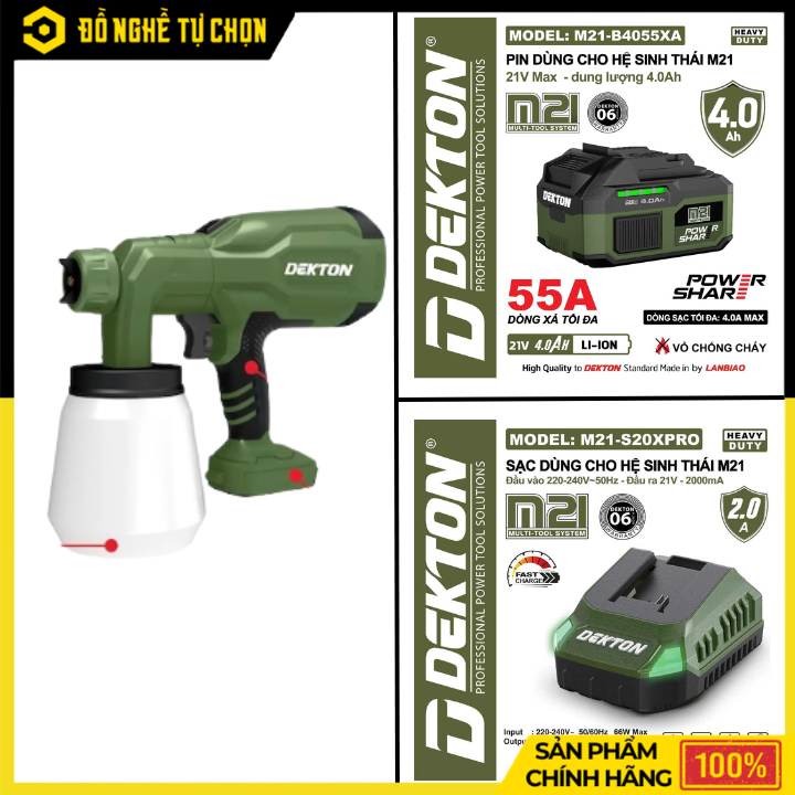 [THÂN] Máy Phun Sơn Dùng Pin Phổ Thông 21V Dekton M21-SPS1000 – Phun Mạnh, Đều Mịn, Linh Hoạt Mọi Không Gian, Hàng Chính Hãng, Có VAT
