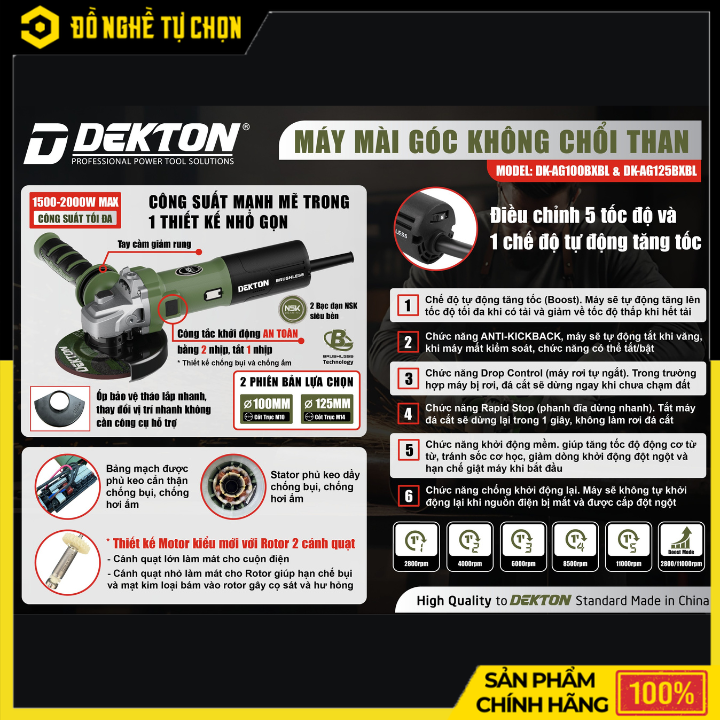 Máy Mài Góc Brushless Dekton DK-AG100BXBL / DK-AG125BXBL 2000W 5 Tốc Độ An Toàn | Hàng Chính Hãng, Có VAT