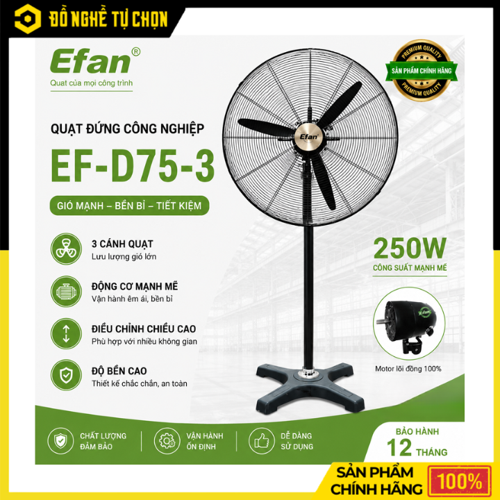 Quạt Đứng Công Nghiệp EFan EF-D65-3 – Gió Mạnh Diện Rộng, Vận Hành Bền Bỉ, Làm Mát Hiệu Quả | Hàng Chính Hãng, Có VAT