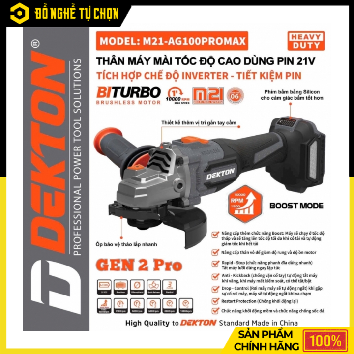 [THÂN] Máy Mài Góc Không Dây Dekton M21-AG100PROMAX – 6 Cấp Tốc Độ – Tốc Độ Tối Đa 10.000 Vòng/Phút – Hàng Chính Hãng Có VAT