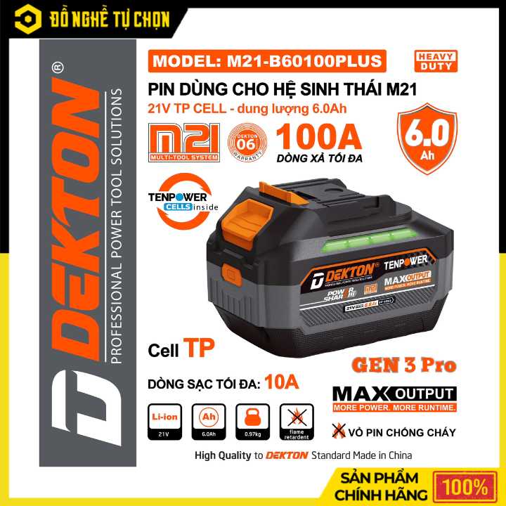 Pin Dekton 21V 6.0Ah 15 Cell M21-B60100Plus | Hàng Chính Hãng, Có VAT