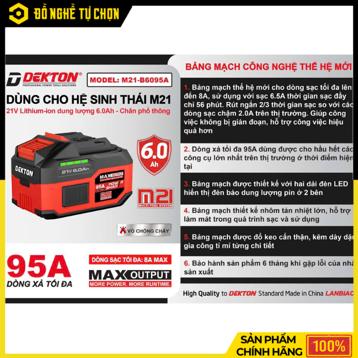 Pin Dekton 21V 6.0Ah M21-B6095A – Dung Lượng Lớn, Nguồn Điện Ổn Định Cho Hệ Pin M21, Hàng Chính Hãng, Có VAT