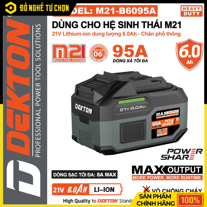 Pin Dekton 21V 6.0Ah M21-B6095A – Dung Lượng Lớn, Nguồn Điện Ổn Định Cho Hệ Pin M21, Hàng Chính Hãng, Có VAT