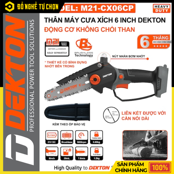Máy Cưa Xích Pin 6 Inch Dekton M21-CX06CP – Brushless, Siêu Nhẹ 0.85kg, Có Bình Nhớt | Hàng Chính Hãng, Có VAT