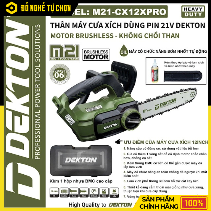 Máy Cưa Xích Dùng Pin Dekton M21-CX12PRO 12 Inch – Motor Không Chổi Than, Cắt Mạnh Mẽ, An Toàn Cao, Hàng Chính Hãng, Có VAT