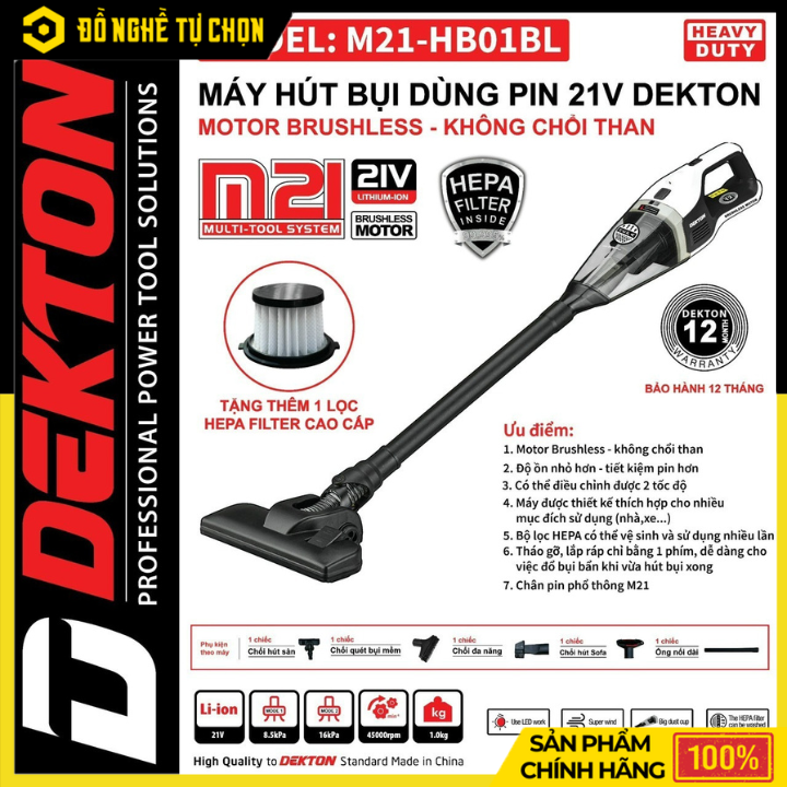 Máy Hút Bụi Dùng Pin 21V Dekton M21-HB01BL (Chưa Pin & Sạc) – Gọn Nhẹ, Lực Hút Mạnh, Hàng Chính Hãng, Có VAT