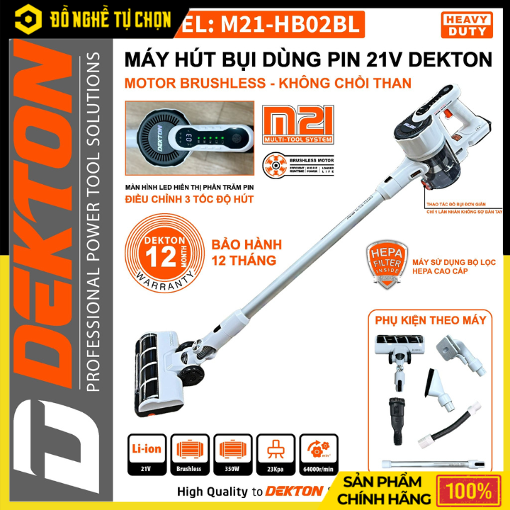 Máy Hút Bụi Dùng Pin Dekton M21-HB02BL (Chưa Pin & Sạc) – Lực Hút Mạnh, Động Cơ Không Chổi Than, Hàng Chính Hãng, Có VAT