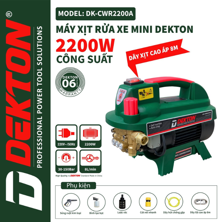 Máy Rửa Xe Dekton DK-CWR2200A – Motor Cảm Ứng Từ 100% Lõi Đồng – Chống Giật An Toàn – Điều Chỉnh Áp Lực 30–150 Bar – Hàng Chính Hãng Có VAT