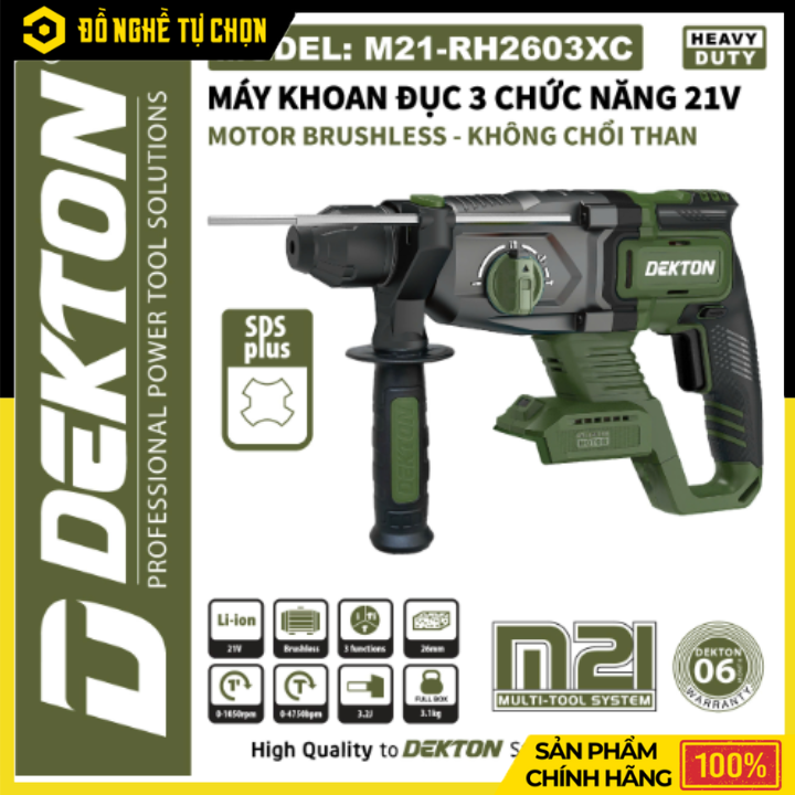 [THÂN] Máy Khoan Búa Pin 21V Dekton M21-RH2603C – Lực Đập 3.2J, Khoan Bê Tông 26mm, Hiệu Suất Mạnh Mẽ – Hàng Chính Hãng, Có VAT