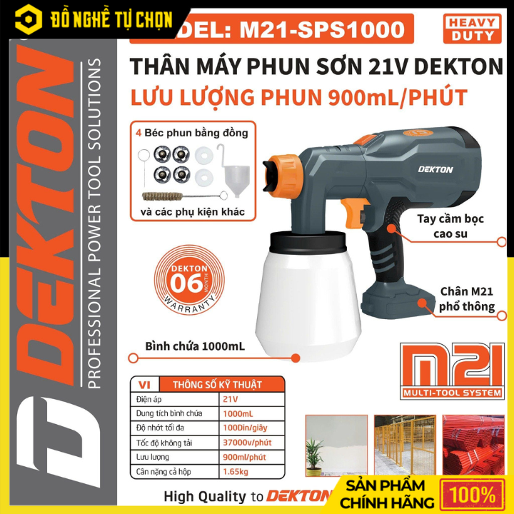 [THÂN] Máy Phun Sơn Dùng Pin Phổ Thông 21V Dekton M21-SPS1000 – Phun Mạnh, Đều Mịn, Linh Hoạt Mọi Không Gian, Hàng Chính Hãng, Có VAT