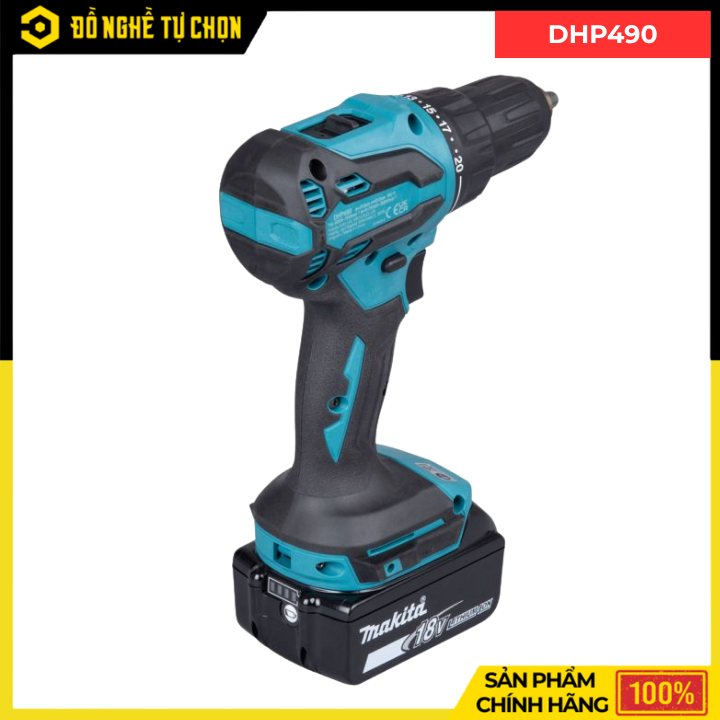 Combo Makita - Máy Khoan Búa Vặn Vít Dùng Pin DHP490+ Pin 3.0Ah + Đế Sạc Nhanh