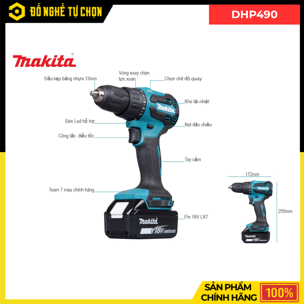 Combo Makita - Máy Khoan Búa Vặn Vít Dùng Pin DHP490+ Pin 3.0Ah + Đế Sạc Nhanh