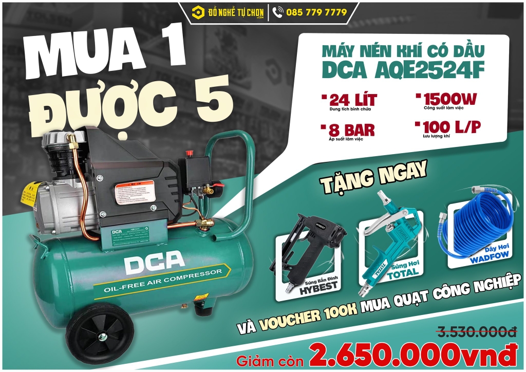 Máy Nén Khí Có Dầu DCA AQE2524F – 1500W – Bình 24L – Lưu Lượng 100L/Phút – Áp Suất 8 Bar – Hàng Chính Hãng Có VAT