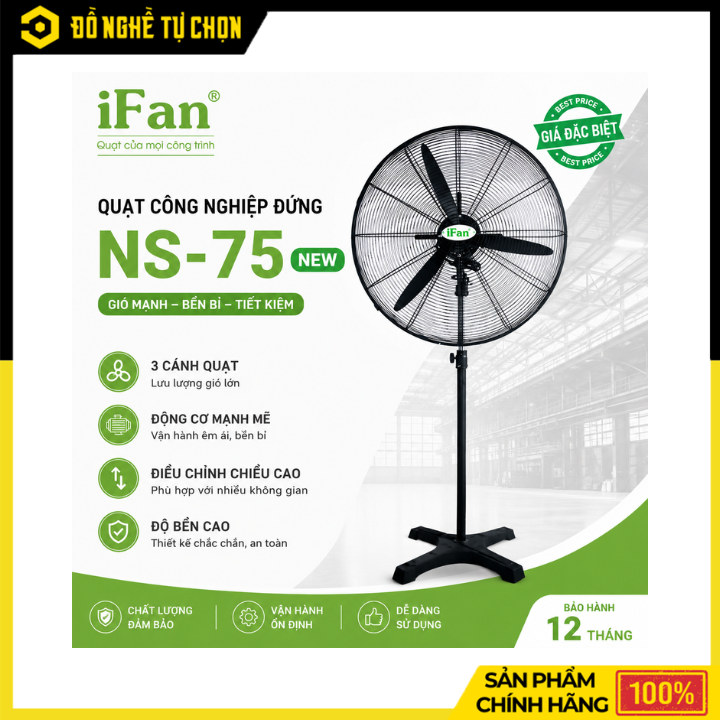 Quạt Công Nghiệp Đứng IFan NS-75– Lưu Lượng Gió Mạnh, Làm Mát Hiệu Quả Cho Không Gian Lớn | Hàng Chính Hãng, Có VAT